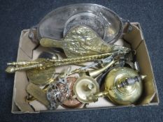 A box containing two plated gallery trays together with a quantity of brass ware including