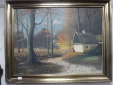A gilt framed continental school oil on canvas, cottage in woodland,