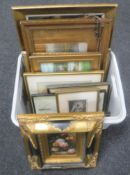 A box containing Edwardian and later framed prints and watercolours,