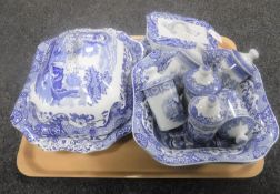 A tray containing ten pieces of Spode blue and white china including butter dish with cover,