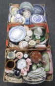 Three boxes of miscellaneous china including Willow pattern dinner ware, antique cabinet plates,