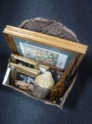 A box containing assorted framed pictures and prints,