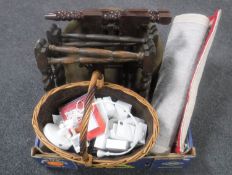 A box containing folding brass topped table together with two barley twist table bases, hearth rug,