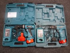 Two cased Makita electric drills with batteries