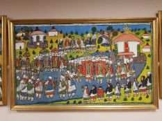 Middle Eastern School : Procession of figures, oil on canvas, 124 cm x 74 cm, framed.