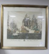 A gilt framed limited edition signed colour lithographic print depicting a naval battle scene,