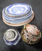 Twelve antique meat plates and ashettes together with a silver plated lidded biscuit barrel,