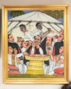 Middle Eastern School : Figures around a table, oil on canvas, 78 cm x 64 cm, framed.