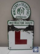 A mid 20th century Ministry of Transport MOT Approved driving instructor sign