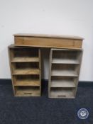 A pine narrow table top storage box and two pine crates