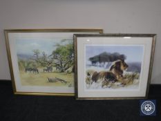A gilt framed Donald Grant signed print - Zebra grazing and a signed limited edition print of a
