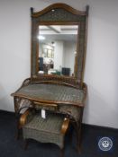 A bamboo and wicker dressing table with wall mirror and stool