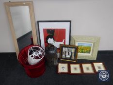 A box of hurricane lamp, oil on canvas, four framed bird prints, hall mirror,