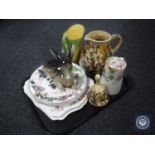 A tray of Burleigh ware bull rush jug, Indian tree jug and bell, continental figure of a deer,
