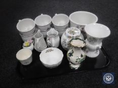 A tray of six Villeroy & Bosch tea cups, Portmeirion planter, Aynsley vase,
