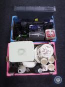Two boxes of bread bin, Royal Victoria dinner ware, cine camera, vintage tin in the form of a lamp,