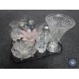 A tray of assorted glass ware, lead crystal bowls and vases, art glass vase,