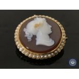 A good quality Victorian stone cameo and pearl brooch, diameter 34 mm.