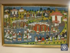 Middle Eastern School : Procession of figures, oil on canvas, 124 cm x 74 cm, framed.