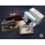 Two mid 20th century electric Singer sewing machines and a vintage Hoover Dustette
