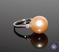 A 14ct yellow gold pearl and diamond ring,