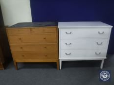 A mid 20th century three drawer painted chest and an oak five drawer chest