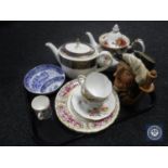 A tray of Royal Doulton character jug - Athos, Crown Derby Old Country Roses teapot,