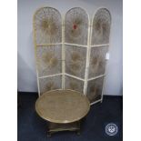 A bamboo and wicker conservatory table and a three way folding room divider