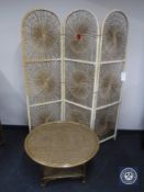 A bamboo and wicker conservatory table and a three way folding room divider