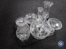 A tray of assorted lead crystal glass ware - candelabra, lidded pot,