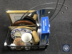 A crate of wall clock, boxed lamp, wall plates etc,