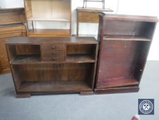 A set of oak open shelves and a set of stained pine shelves