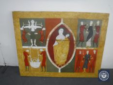 A painted wooden panel depicting medieval torture