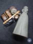 A tray of wooden wall mask, trinket box, back scratcher,