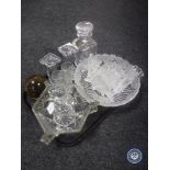 A tray of assorted glass ware - pair of crystal candlesticks, whiskey decanter with china label,