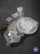 A tray of assorted glass ware - pair of crystal candlesticks, whiskey decanter with china label,