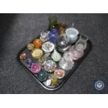 A tray of glass ware - paperweights, animal ornaments,