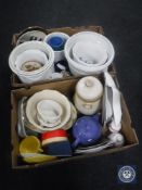 Two boxes of jardinieres, stands, West German pot, storage jar,