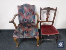 An Edwardian bedroom chair and a mahogany framed armchair