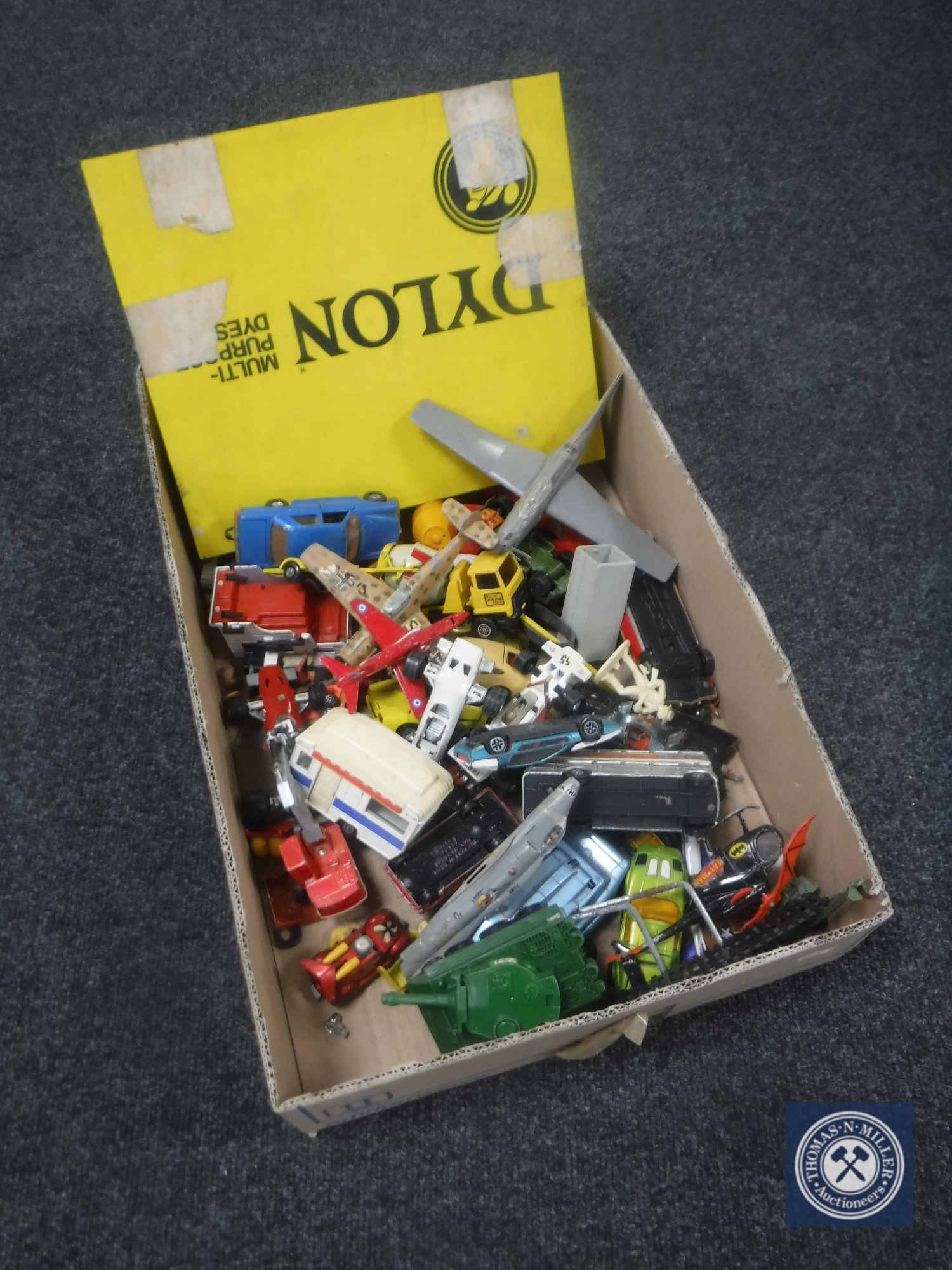 A box of mid 20th century and later die cast vehicles - Dinky Bedford van, Batman helicopter,