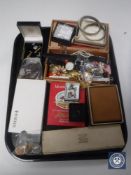 A tray of costume jewellery, 9ct gold wedding band, gent's wrist watches, cuff links,