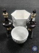 A pair of Victorian style mantle piece finials and two china planters