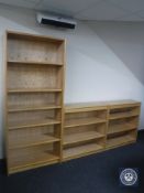 Three sets of oak contemporary open bookshelves