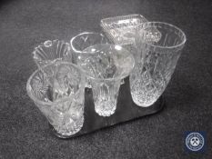 A tray of six glass vases