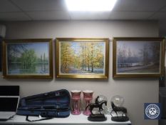 Three late 20th century Jan Wheaton gilt framed oils on canvas depicting rural scenes