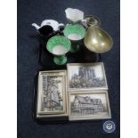 Two trays of six plaster wall plaques - Durham, Edinburgh, etc and a pair of Maling vases,