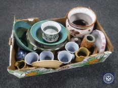 A box of studio pottery including Judy Oakley, Humshaugh bowls,