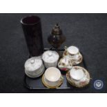 A seven piece Royal Albert Old Country Roses tea for two, glass vase, two Winton lidded dishes,