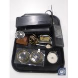A tray of CB radio, Power Fix digital caliper, barometer, cased metre, Fowler long scale calculator,