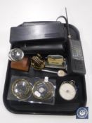 A tray of CB radio, Power Fix digital caliper, barometer, cased metre, Fowler long scale calculator,